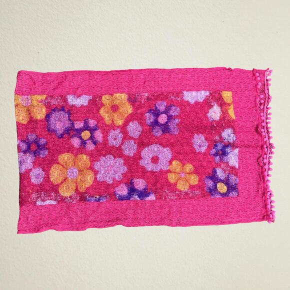 Pink floral scarf with pom pom trim, bohemian hippie retro boho chic Y2K groovy - Picture 4 of 9